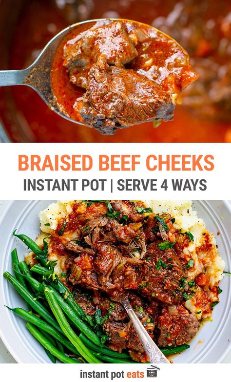 Delicious and hearty Instant Pot beef cheeks braised in tomato and red wine sauce until fall-apart tender. Learn how to make this beef cheek recipe in your pressure cooker (stovetop instructions are also provided) and how to enjoy them in 4 different ways: pasta ragu sauce, with mashed potatoes, as tacos or as a beef cheek pie. Instant Pot Beef Cheeks Recipe, Beef Cheek Instant Pot, Red Wine Tomato Sauce, Beef Cheeks Recipe, Pasta Ragu, Cooking With Red Wine, Ragu Sauce, Beef Cheeks, Potted Beef