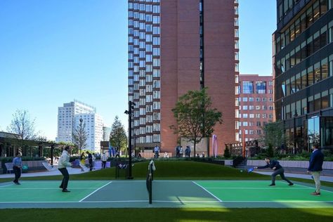 Kendall Square Rooftop Garden Now Has Pickleball Courts Corepower Yoga, Pickleball Courts, Pickleball Court, Outdoor Concert, Urban Park, Skyline View, Urban Oasis, Rooftop Garden, Roof Garden