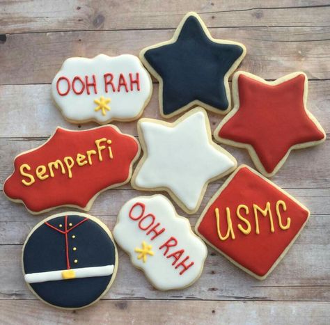 Marine Corps Welcome Home Party, Marine Cookies Decorated, Marine Corps Cookies, Marine Cookies, Marine Corps Cookies Decorated, Usmc Cake Ideas, Marine Corp Cookies Decorated, Us Navy Cookies, Usmc Cookies