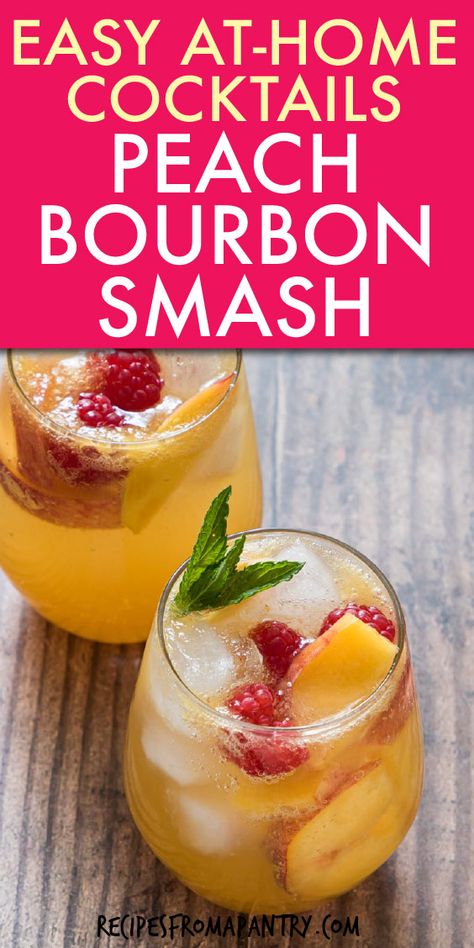 Enjoy this easy to make Peach Bourbon Smash. This Southern Cocktail is sweet, refreshing and quick to make. A Bourbon Smash can be made with whatever fruit and herbs you love. Enjoy this Bourbon Peach Smash Mixed Drink recipe made with juicy peach, your favorite smooth Bourbon Whiskey and a few other ingredients. This drink is gluten free and vegan. Click through to get the best Bourbon Smash Recipe!! #peachbourbonsmash #bourbonsmash #southernrecipe #cocktailrecipe #bourbonrecipe #whiskeyrecipe Peach Cocktail Recipe, Southern Cocktail, Peach Bourbon, Peach Whiskey, Bourbon Smash, Peach Cocktail, Lemon Bar, Ginger Peach, Refreshing Summer Cocktails