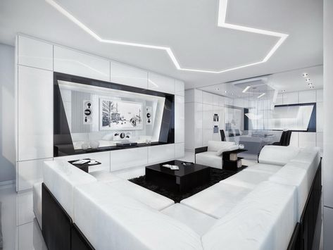 Hi-Tech Style in Interior Design - Modode - Medium Futuristic Living Room, Modern Living Room Black, High Tech Interior, Modern Contemporary Interior Design, Modern White Living Room, Gray Living Room Design, Black And White Living Room, Minimalist Living Room Design, White Furniture Living Room