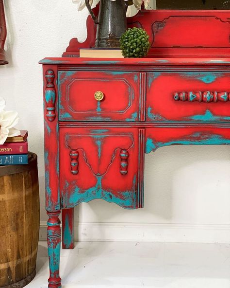 ♥️ Buffalo Check Painted Furniture, Southwest Furniture Painted, Funky Painted Furniture Diy Storage Cabinets, Funky Painted Shelves, Whimsical Furniture Painting Ideas, Funky Painted Furniture Bohemian, Red Painted Furniture Ideas, Painted Furniture Ideas Colors, Brightly Painted Furniture