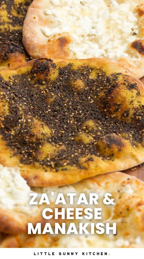 Experience the heart of the Middle East with this flavorful Manakish recipe! With its fragrant Zaatar or salty cheese toppings, this flatbread is perfect for your breakfast or lunch. Manakesh Cheese, Lebnah Recipes, Manakeesh Dough, Manaeesh Recipe, Manousheh Recipe, Zaatar Manakish, Manakish Recipe, Zaatar Bread, Manakeesh Recipe