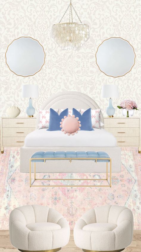 Room Wallpaper Aesthetic, Shuffle Room Ideas, Pink Blue And White Bedroom, Blue Pink Bedroom, Room Ideas Colorful, Costal Granddaughter Aesthic Room Pink, Pink Costal Bedroom, Coastal Granddaughter Room Wallpaper, Blue And Pink Room