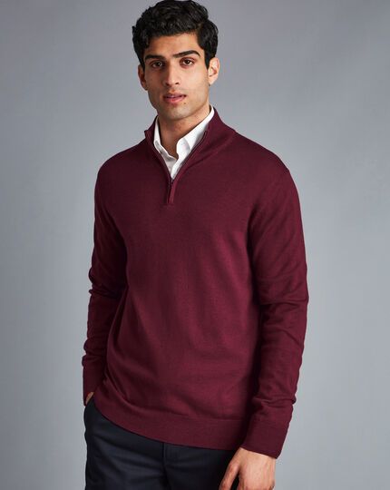 Merino Zip Neck Sweater - Burgundy | Charles Tyrwhitt Quarter Zip Outfit Men, Half Zip Sweater Outfit, Zip Sweater Outfit, Quarter Zip Outfit, Charles Tyrwhitt Shirt, Half Zip Jumper, Travel Size Beauty Products, Charles Tyrwhitt, Dress Up Outfits