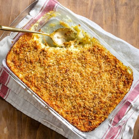 Cheesy Mashed Potato Casserole | Cook's Country Cheesy Mashed Potato Casserole, Fennel Gratin, Creamy Crab Dip, Crab Imperial, Bread Crumbs Recipe, Donut Toppings, Mashed Potato Casserole, Creamy Crab, Cookie Toppings