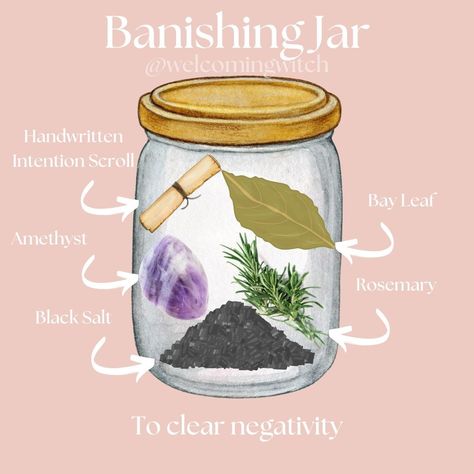 Feeling overwhelmed by negativity? ️ Create a simple Banishing Jar to clear negativity and create space for positivity. ✨ Here's what you'll need: * A clean glass jar * Black salt (absorbs negativity) * Rosemary (cleansing) * Amethyst (protection) * Bay leaf (wishes for positive change) * A handwritten intention scroll (optional) Instructions: Layer the ingredients in the jar, focusing on your intention. Seal it with a cork and twine. Place it somewhere you'll see it d... Banish Spell Jar, Banishing Jar, Banishing Spell Jar, Rosemary Cleansing, Banish Spell, Intention Jars, Amethyst Protection, Banishing Spell, Releasing Negative Energy