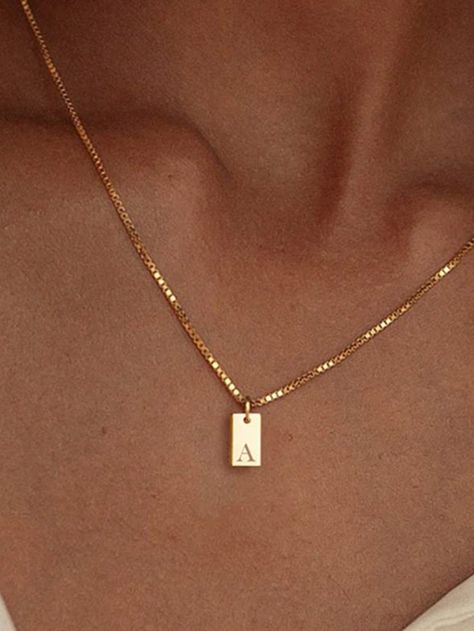 Yellow Gold  Collar  Zinc Alloy   Embellished   Women's Fashion Jewelry Square Pendant Necklace, Creative Box, Fashion Creative, Gold Collar, 26 Letters, Square Pendant, Box Chain, Creative Fashion, Gold Chain