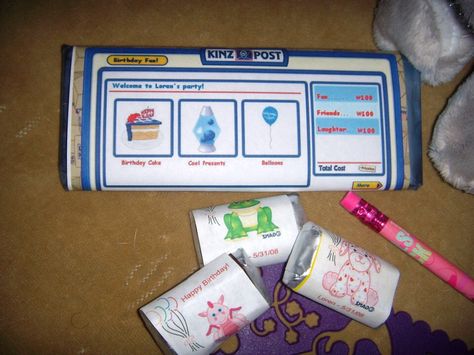 The candy wrappers were printed to resemble Kinzpost mail. Webkinz Birthday Party Ra Themes, Candy Wrappers, Event Ideas, Gaming Products, Party Themes, Balloons, Birthday Cake, Birthday Party, Candy