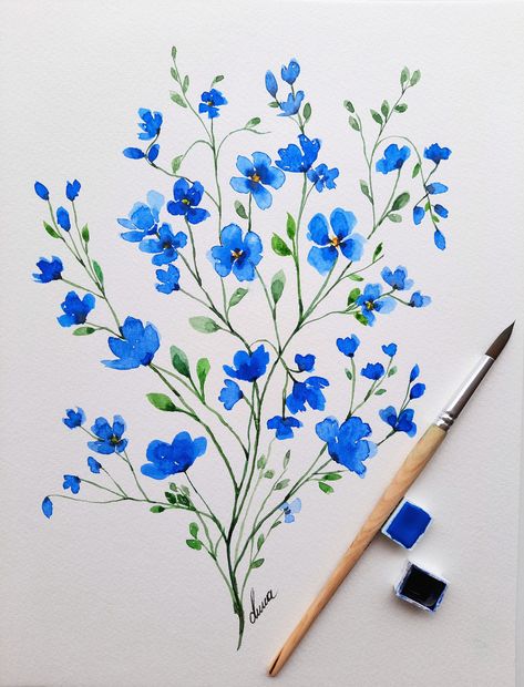 Link to reach all other flowers  https://www.etsy.com/your/shops/Fineartderya/tools/listings/section:46576501,stats:true 💠These delicate blue wildflowers will bring the breeze of the calm and peaceful wild countryside into your home. 🍁I worked on 32×24 cm 300gr/m2 Canson watercolor paper.  🍁All of my works are original. 🍁Signed by the artist 🍁Frame not included   🍁This is not a print making. It is my own handmade work of art. 🍁Also, send me the flower photo you like for the personalized o Blue Watercolor Flowers, Wildflower Wall, Painting 101, Blue Flower Painting, Plakat Design, Watercolor Flower Art, Seni Cat Air, 수채화 그림, Watercolor Art Lessons