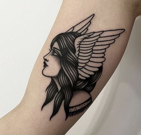 Traditional Style Tattoo For Women Black And White, Angel Tattoo Traditional, Traditional Woman Tattoo, Cowgirl Tattoos Traditional, Black American Traditional Tattoo, Oldschool Tattoo Black, American Traditional Tattoos Black And White, Black And Grey American Traditional, Black Traditional Tattoo Old School