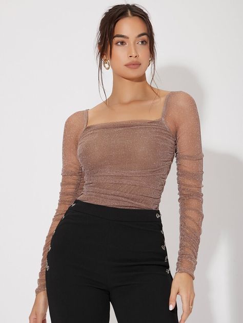 Glitter Mesh Top, Date Night Tops, Night Tops, Glitter Top, Square Neck Top, Shein Tops, Chunky Knits Sweater, Mesh Panel, Sheer Sleeves