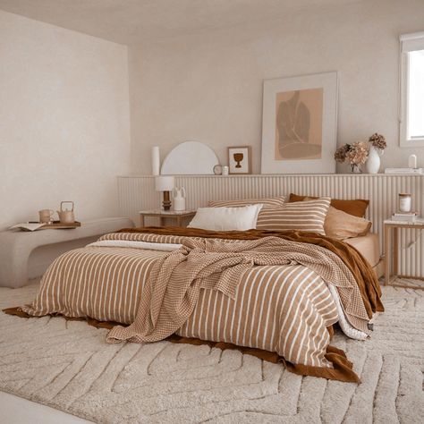 Sarah Pickersgill Brown, Brown Bed Sheets, Single Lifestyle, Sheet Society, Striped Bedroom, Action Board, Make The Bed, Next Bedroom, Striped Bedding