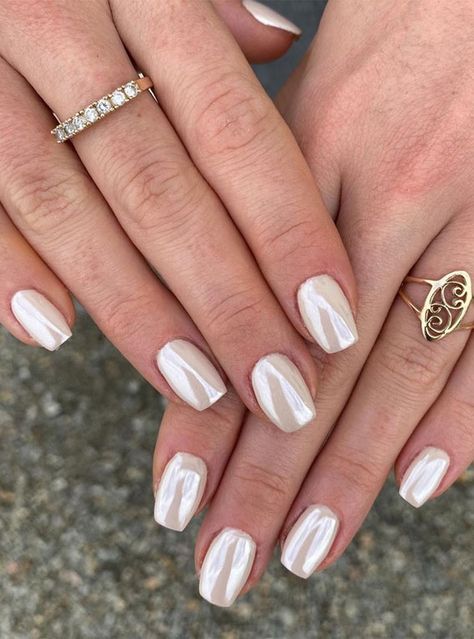 48 Most Beautiful Nail Designs to Inspire You – Gradient Nail Ideas Pearl White, White Bridal Nails Short, Short Nails Pearl White, White Pearlized Nails, White Pearl Irridescent Nails, Soft Pearl Nails, Soft White Chrome Nails, Wedding Nails For Bride Chrome, Pearl White Gel Nails