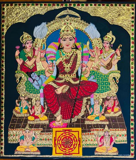 Tanjore painting of Goddess Lalitha Devi. Made with 22 carat gold foil and precious stones. Painting Of Goddess, Tanjore Painting, 22 Carat Gold, Chicago Illinois, Gold Foil, Precious Stones, Illinois, Foil, Chicago