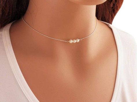 Sterling Silver Pearl Choker Necklace, Handmade with 3 Dainty Real Freshwater Pearl for Women or Girl Single Pearl Necklace Silver, Pearl Necklace Silver, Tiny Pearl Necklace, Choker Necklace Handmade, February Birthstone Necklace, Initial Necklace Silver, Claddagh Ring, Single Pearl, Silver Choker Necklace