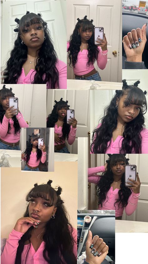 Bantu Knot half up half down 90s Hairstyles For Black Women Half Up Half Down, 2 Ponytails Half Up Half Down Braids, Band 2 Knots Hairstyles, Cute Sew In Hairstyles Half Up Half Down, Half Up Half Down Bun With Bangs, Bantu Knots Hairstyles With Braids, Bantu Ponytail, Bantu Knots Hairstyle, Bantu Knots On Wig