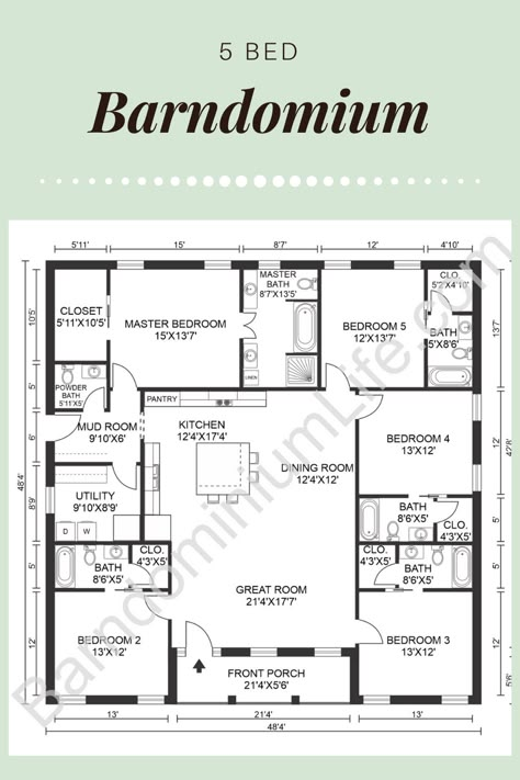 If you don’t have it in the budget to splurge on a huge outdoor living space, this cute little porch on the front of this home will still give you the perfect spot to relax at the end of a long day.  Another great perk of this layout is that each bedroom has its own dedicated bathroom, making it ideal for older kids who have returned to the nest, or elderly parents who are living with their kids. Everyone has their own space with plenty of privacy when needed in this floor plan. 50 By 50 House Plans, Mother In Law Suite Barndominium, Build A Porch On A Budget, 3 Bed With Office Floor Plan, Residential Assisted Living Floor Plans, 5 Bedroom Home Floor Plans, 5 Bedroom Open Floor Plan, Ada Compliant House Plans, Build A House On A Budget