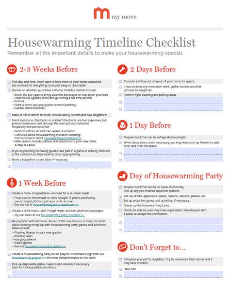 Housewarming Party Timeline Checklist | My Move Food Suggestions, Party Timeline, House Gift Box, House Warming Party, Susan Miller, Housewarming Gift Baskets, Party Checklist, Housewarming Party, Moving House