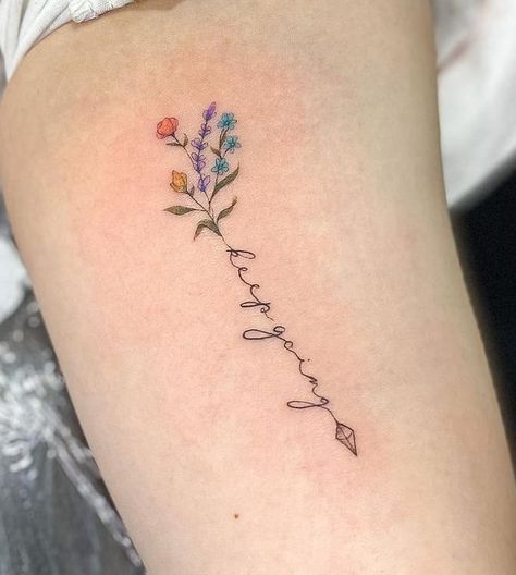 Mother Arrow Tattoo, Arrow With Daisy Tattoo, Wrist Tattoos For Women Arrow, Tiny Arrow Tattoos For Women, Arrow With Words Tattoo, Arrow Memorial Tattoo, My Tribe Tattoos For Women, Arrow Script Tattoo, Color Arrow Tattoo