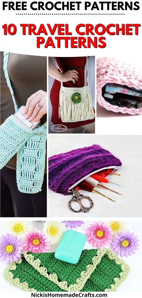 This is a compilation of very useful travel crochet patterns for when you are out and about and traveling. Make these 10 essential crochet projects. Crochet Projects For Travel, Crochet Gifts For Travelers, Crochet Travel Projects, Travel Crochet Projects Ideas, Cheap Travel Crochet Bag, Crochet Patterns For Traveling, Travel Crochet Projects, Crochet Road Trip Project, Travel Crochet