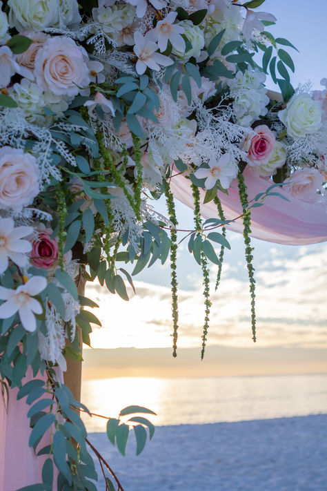 Light Pink beach wedding Florida sunset Pink And Green Beach Wedding, Light Pink Beach Wedding, Light Pink Wedding Flowers, Wedding On Beach, Green Beach Wedding, Black And Pink Wedding, Pink Beach Wedding, Wedding Flowers Beach, Beach Wedding Florida