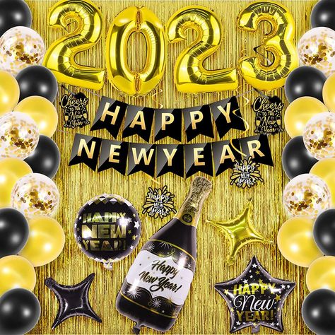 New Years 2023 New Years Eve New Years Eve Decor New Years Decor New Years Eve Party New Years Decoratrions New Years Party Gold Black Balloons, New Year Party Decorations, Happy 2023, Fringe Curtains, New Year's Party Decorations, Curtain Fringe, New Years Eve Decorations, Black Balloons, New Year Party