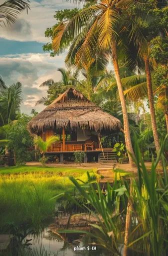 ↑↑↑ Larger size on website 🔸 A thatched-roof hut stands nestled amongst lush palm trees and greenery.  The hut has wooden walls a 🔸 From Midjourney AI Image Tropical Hut, Forest Hut, Bali Huts, Small Porch, Hut House, Partly Cloudy, Tiki Hut, Small Porches, Thatched Roof