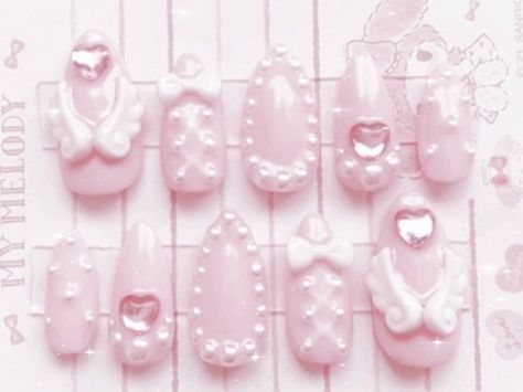 My Melody Nails, Pink My Melody, Jirai Kei, Pink Angel, Gel Nails Diy, Pretty Gel Nails, Shiny Nails, Really Cute Nails, Kawaii Nails