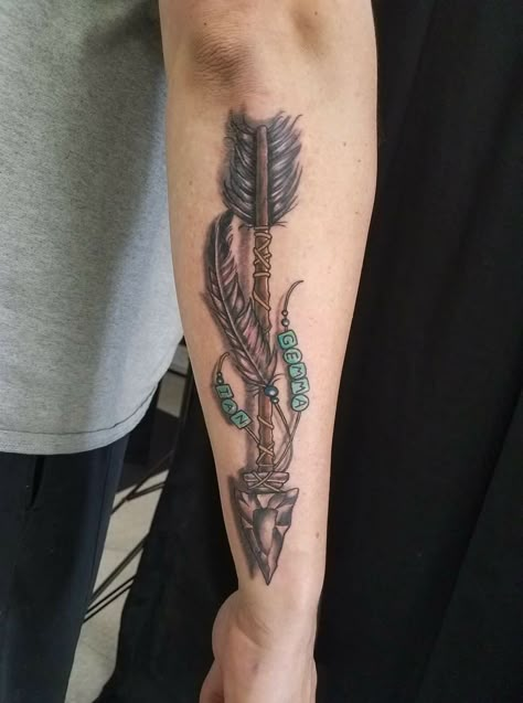 Tattoo Arm Twist Tattoo, Twisted Arrow Tattoo, Traditional Rope Tattoo, Indian Spear Tattoo, Twist Tattoo, Native Bow And Arrow Tattoo, Native American Tattoo, Native Tattoos, Cool Arm Tattoos