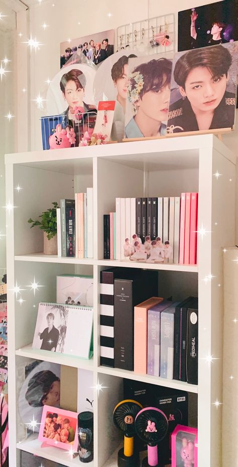 official merch bts Bts Shelf Ideas, Bts Decoration Ideas, Bts Room Ideas, Kpop Merch Collection, Bts Merch Aesthetic, Bts Shelf, Bts Room Decor, Army Decor, Bts Room