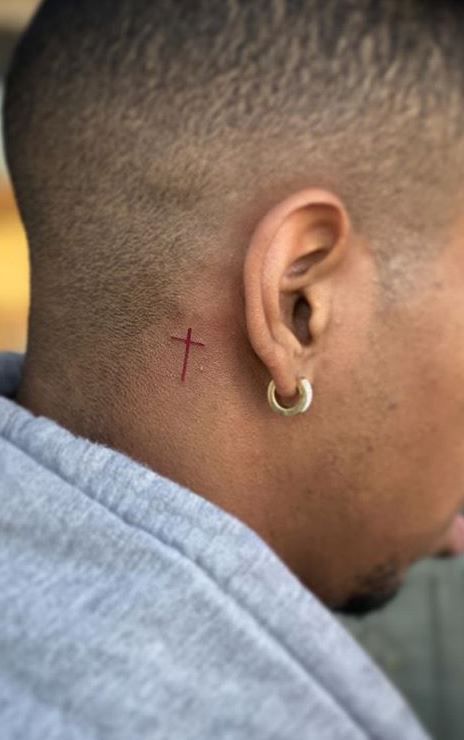 Stars Behind Ear Tattoo Men, 13 Tattoo Behind Ear, Back Of The Ear Tattoos Men, Back Of Ear Tattoo Men, Mens Behind Ear Tattoo, Cross Behind Ear Tattoo Men, Behind Ear Tats Cross, Ear Cross Tattoo, Cross Behind Ear Tattoo