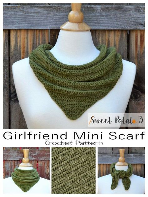 The new Girlfriend Mini Scarf is just a fun accessory for everyday wear. This is a quick project that is fun to make and has multiple ways to wear it.Tie it in front for a fun trendy look.Tie it in back for a classic look.Use a scarf pin to secure the back together for a draping scarf look.No matter what look you like this fun small scarf will be a hit. Crochet Small Scarf, Squared Clothes, Granny Square Scarf, Mini Scarf, Crochet Friends, Crochet Neck Warmer, Winter Crochet, Scarf Patterns, Scarf Knitting