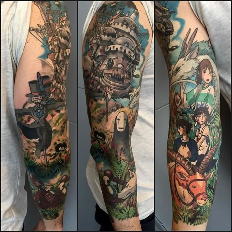 Miyazaki Tattoos, Ghibli Tattoo Sleeve, Miyazaki Tattoo, Tatuaje Studio Ghibli, Colorful Sleeve Tattoos, Ghibli Tattoos, Studio Ghibli Tattoo, Ghibli Tattoo, Chihiro Y Haku