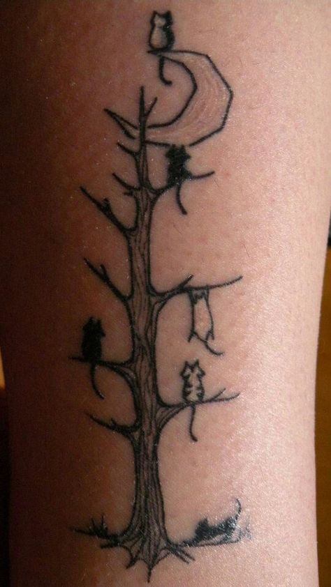 Cat tree Cat Silhouette Tattoos, Tree Silhouette Tattoo, Tree Tattoo Arm, Night Tattoo, Tree Tattoo Small, Pawprint Tattoo, Cat Tattoo Small, Tree Tattoo Designs, Silhouette Tattoos