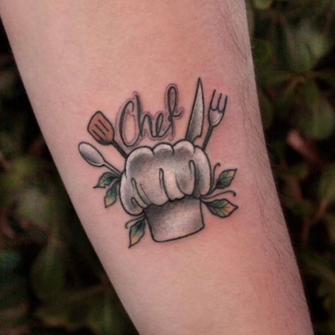 Custom Tattoo - Antalya — Another chef tattoo... Female Chef Tattoo, Koch Tattoo, Cooking Tattoo, Culinary Tattoos, Traditional Tattoo Drawings, Tato Salib, Chef Tattoo, Tato Tradisional, Food Tattoos