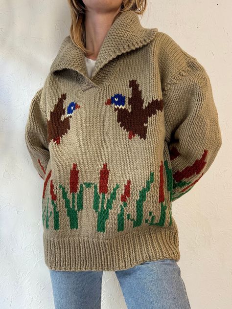 "- Vintage hand knit duck sweater - Feels like very thick wool, nice and warm - No tags - Medium  Chest: 25\" Length: 26\" Sleeve: 24\"" Duck Sweater, Knit Duck, Green Leather Jackets, Velvet Coat, Thick Wool, Crushed Velvet, Vintage Vibes, Green Leather, Vintage Brown