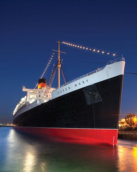 The stunning Queen Mary in Long Beach, California.  www.QueenMary.com Queen Mary Ship, Ship Illustration, Ocean Liner, Long Beach California, Gta San Andreas, Most Haunted, California Love, California Dreamin', Haunted Places