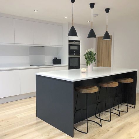 Open Plan Kitchen Dining Living, Handleless Kitchen, Open Plan Kitchen Dining, Open Plan Kitchen Living Room, Contrasting Colours, Kitchen Dining Living, White Modern Kitchen, Kitchen Room Design, Kitchen Inspiration Design