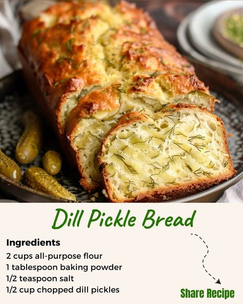 🍞 Elevate your bread game with our unique Dill Pickle Bread recipe! Infused with tangy dill pickles, this bread is a savory delight that will tantalize your taste buds. 🥒🍞😋 Ingredients: • 2 cups all-purpose flour • 1 tablespoon baking powder • 1/2 teaspoon salt �• 1/2 cup chopped dill pickles • 1/4 cup pickle juice • 1/4 cup melted butter • 1/4 cup chopped fresh dill (optional) • 2 eggs • 1/2 cup milk Directions: 1. Preheat your oven to 350°F (175°C) and grease a 9x5-inch loaf pan. 2. In a l... Dill Pickle Bread, Pickle Bread, Dill Pickles, Dinner Side Dishes, Pickle Juice, Dinner Sides, Our Daily Bread, Fresh Dill, Dill Pickle