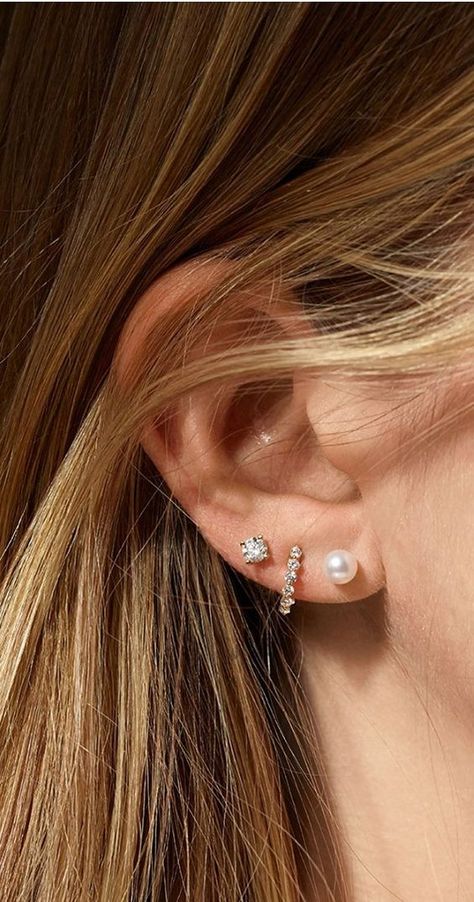 Fashion Ear Piercings, Double Earring Sets, 3 Ear Peicerings Ideas, Elegant Ear Piercings Classy Beautiful, Multiple Ear Piercings Wedding, Multiple Ear Piercings Classy, Ear Party Inspiration, 2nd And 3rd Hole Piercings, How To Style Ear Piercings