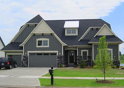 Slate colors with cream trim and blue/gray toned stone.  Probably one of my favorites as of 5/13/14 Small Craftsman House, Wood Siding House, Small Craftsman House Plans, Craftsman House Exterior, Craftsman Bungalow House Plans, Craftsman Home Exterior, Paint Colors For House, Colors For House, Shutter Colors