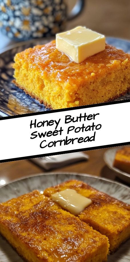 Delicious Honey Butter Sweet Potato Cornbread Recipe | Comforting Southern Delight Indulge in this easy and comforting Honey Butter Sweet Potato Cornbread recipe! Made with sweet potatoes and cornmeal, it's perfect for cozy dinners or holiday gatherings. Serve warm with rich honey butter for a delightful treat! ..... Sweet Potato Cornbread, Cozy Dinners, Honey Cornbread, Cornbread Recipe, Corn Bread Recipe, Honey Recipes, Honey Butter, Southern Comfort, Breakfast Breads