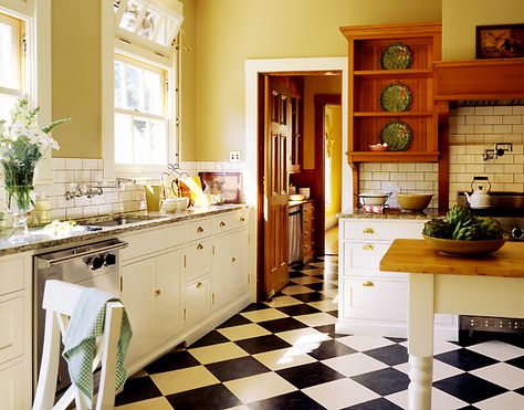 Kitchen: white cabinets, subway tile backsplash, checkerboard floor yellow walls Kitchen Yellow, Small Bedroom Remodel, Bedroom Remodel, Subway Tiles, Tudor Style, Yellow Kitchen, Transitional Kitchen, Yellow Walls, Kitchen Remodeling Projects