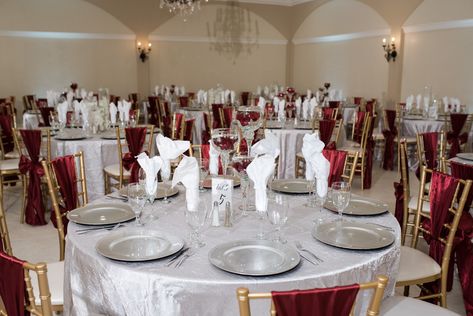 Silver and Burgundy Decor | Arizona Wedding Photographers | Villa Tuscana Reception Hall Burgundy White And Silver Wedding, Silver And Burgundy Wedding, Burgundy And Silver Wedding, Burgundy Quinceanera, Black Silver Wedding, Burgundy Quinceanera Dresses, Burgundy Decor, Black Wedding Decorations, Red Wedding Decorations