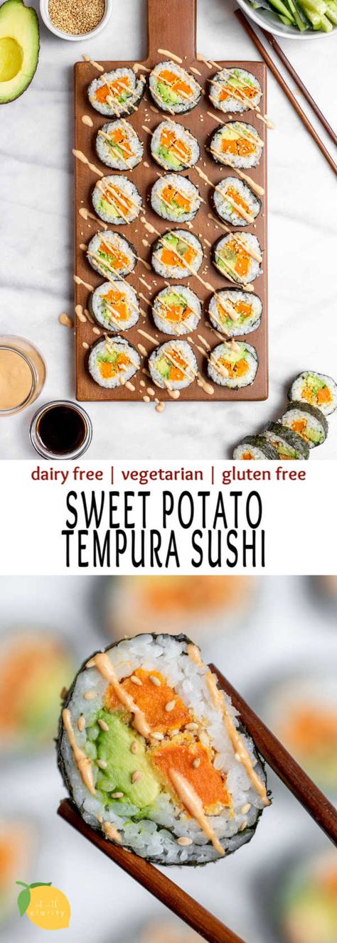 Sweet Potato Sushi, Vegetarian Sushi Recipes, Sweet Potato Tempura, Vegetarian Sushi Rolls, Sweet Potato Vegetarian, Tempura Sushi, Gluten Free Meal Prep, Sweet Lunch, Sushi Recipes Homemade