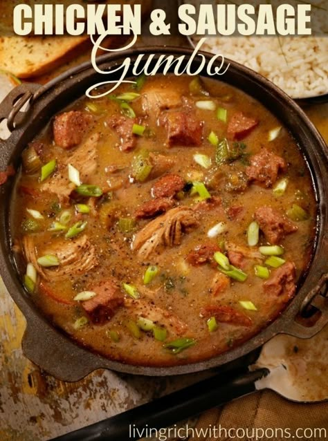 Chicken & Sausage Gumbo Chicken Sausage Gumbo Recipe, Sausage Gumbo Recipe, Cooking Sausage, Chicken Sausage Gumbo, Chicken And Sausage Gumbo, Gumbo Recipe Sausage, Chicken And Sausage, Sausage Gumbo, Cajun Dishes