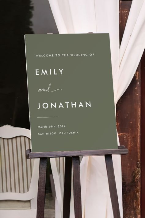 Welcome guests with this personalized minimalist olive green wedding welcome sign. Perfect for sage green wedding theme decor, this elegant piece adds a touch of sophistication to olive green weddings. Ideal for wedding welcome signs entrance, it complements your sage green wedding aesthetic. Enhance your greenery wedding with this stylish design, a must-have for wedding welcome signs that align with a sage green wedding theme. Green Wedding Signage, Wedding Welcome Signs Entrance, Green Wedding Aesthetic, Sage Green Wedding Theme, Green Wedding Theme, Olive Green Wedding, Olive Green Weddings, Green Weddings, Green Themed Wedding