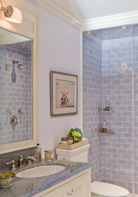 Decorating with Lavender Tiles in Bathroom Crown Molding Bathroom, Lavender Tile, Lavender Bathroom, Blue Subway Tile, Purple Tile, Purple Bathrooms, Latest Interior Design Trends, Bathroom Images, Blue Bathroom