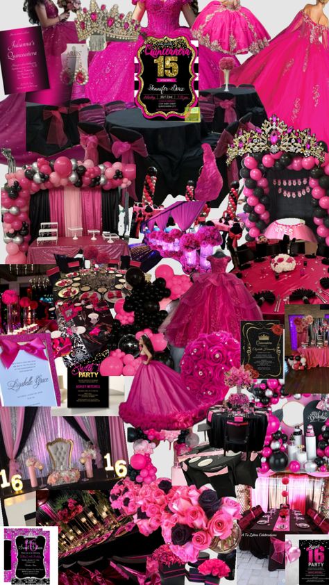 #hotpink&blacksweet16 Sweet 16 Hot Pink Dress, Sweet 16 Decorations Pink And Black, Pink And Black Quinceanera Theme, Black Quinceanera Theme, Hot Pink Quinceanera Dresses, Hot Pink Birthday, Sweet Sixteen Birthday Party Ideas, Pink Quince, Black And Hot Pink